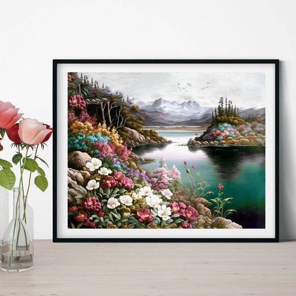 8x10 Floral Landscape Mountains Oil‎ Painting Art Print - Picture 1 of 5
